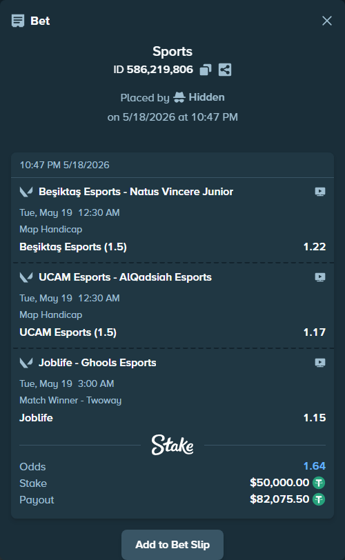Bet slip: Beşiktaş Esports - Natus Vincere Junior, $50,000.00 stake at 1.22 odds, placed by Hidden