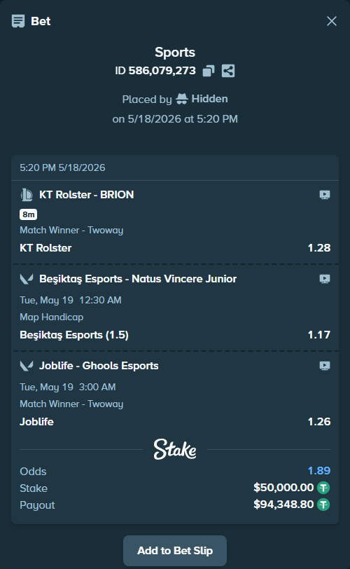 Bet slip: Beşiktaş Esports - Natus Vincere Junior, $50,050.00 stake at 1.17 odds, placed by Hidden
