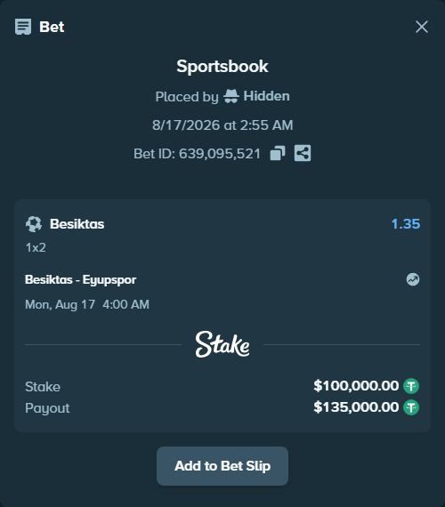 Bet slip: Besiktas - Eyupspor, $100,100.00 stake at 1.35 odds, placed by Hidden