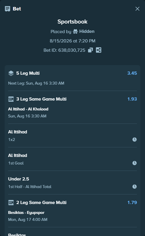 Bet slip: Besiktas - Eyupspor, $16,187.50 stake at 1.33 odds, placed by Hidden