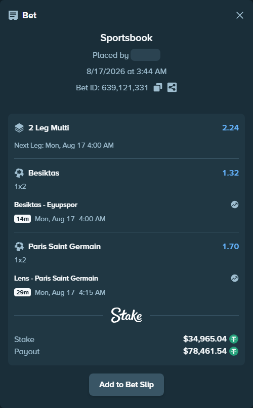 Bet slip: Besiktas - Eyupspor, $35,000.00 stake at 1.32 odds, placed by Maxprof