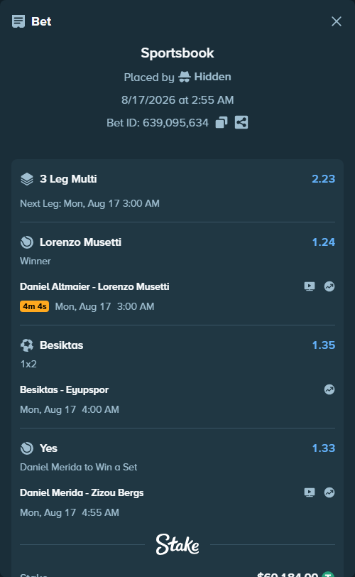Bet slip: Besiktas - Eyupspor, $60,244.18 stake at 1.35 odds, placed by Hidden