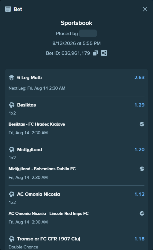 Bet slip: Besiktas - FC Hradec Kralove, $10,000.00 stake at 1.29 odds, placed by Jephthah2