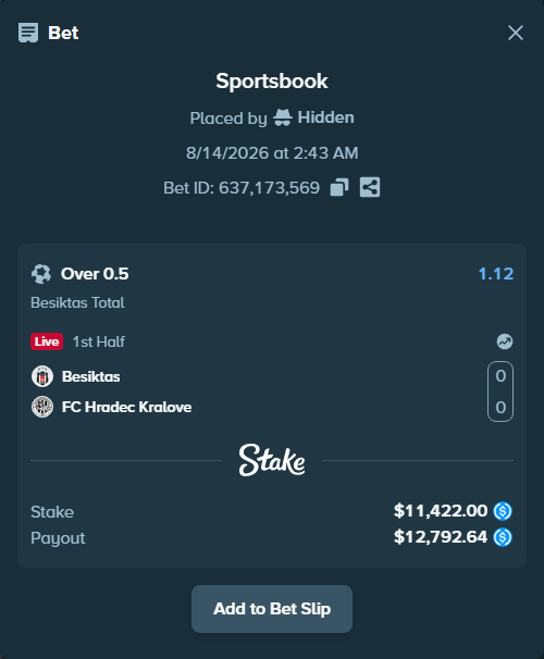 Bet slip: Besiktas - FC Hradec Kralove, $11,422.00 stake at 1.12 odds, placed by Hidden