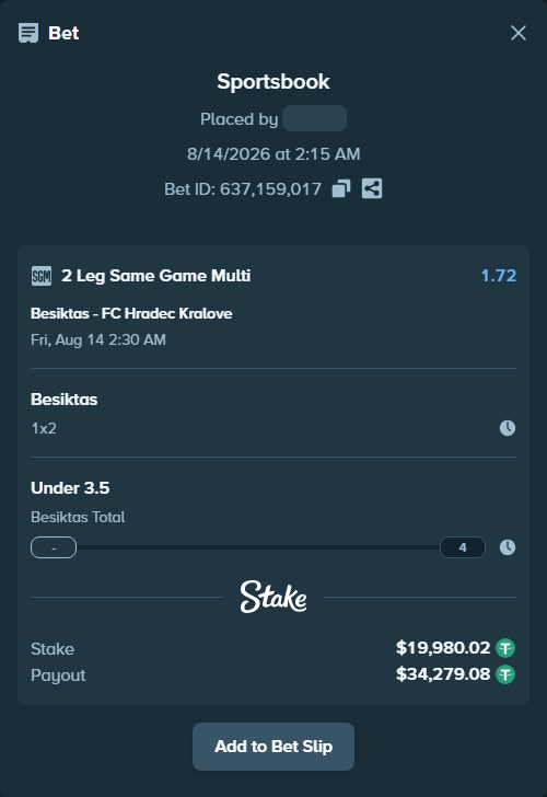 Bet slip: Besiktas - FC Hradec Kralove, $20,000.00 stake at 1.29 odds, placed by Maxprof