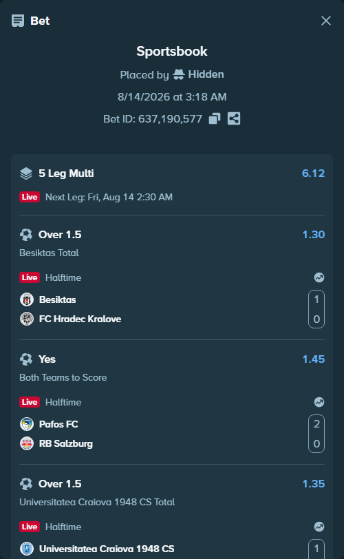 Bet slip: Besiktas - FC Hradec Kralove, $29,787.82 stake at 1.30 odds, placed by Hidden