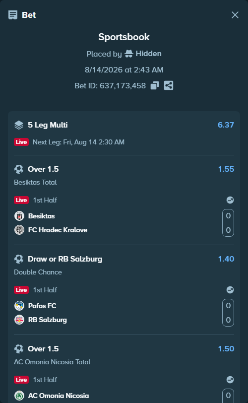 Bet slip: Besiktas - FC Hradec Kralove, $36,516.48 stake at 1.55 odds, placed by Hidden