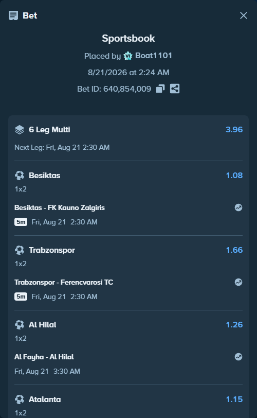 Bet slip: Besiktas - FK Kauno Zalgiris, $10,900.00 stake at 1.08 odds, placed by Boat1101