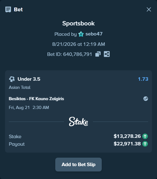 Bet slip: Besiktas - FK Kauno Zalgiris, $13,291.53 stake at 1.73 odds, placed by sebo47