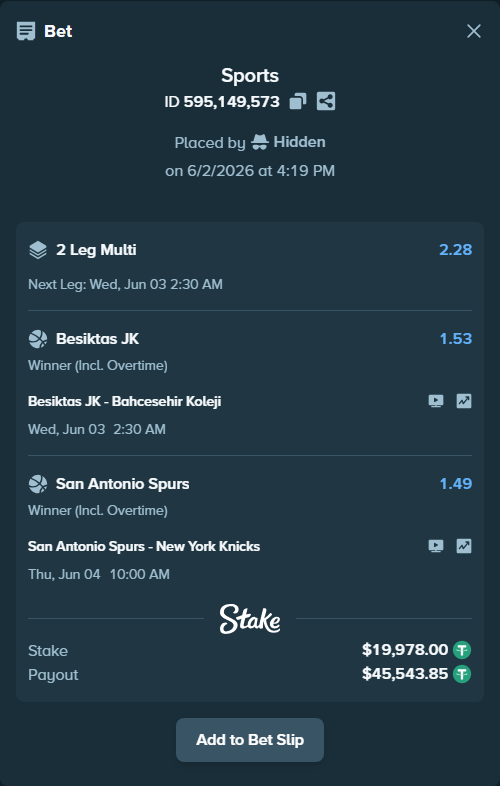Bet slip: Besiktas JK - Bahcesehir Koleji, $19,997.98 stake at 1.53 odds, placed by Hidden