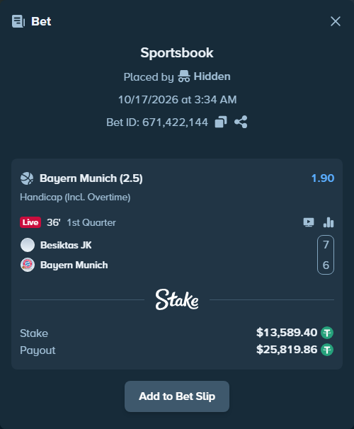 Bet slip: Besiktas JK - Bayern Munich, $13,602.99 stake at 1.90 odds, placed by Reyes32