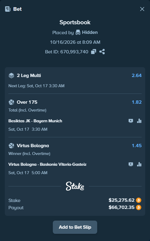 Bet slip: Besiktas JK - Bayern Munich, $25,239.40 stake at 1.82 odds, placed by Hidden