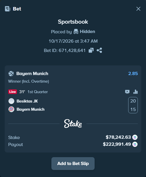 Bet slip: Besiktas JK - Bayern Munich, $78,516.11 stake at 2.85 odds, placed by Prettylfacko98