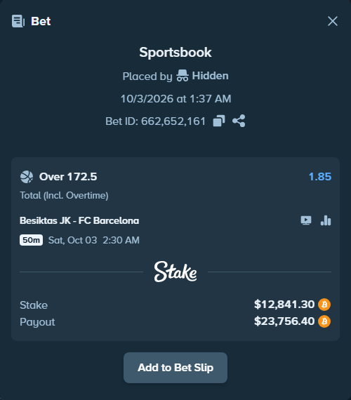 Bet slip: Besiktas JK - FC Barcelona, $12,720.26 stake at 1.85 odds, placed by Hidden