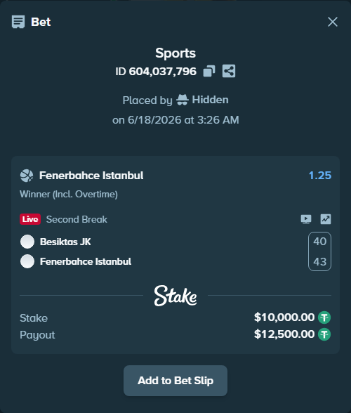 Bet slip: Besiktas JK - Fenerbahce Istanbul, $10,010.00 stake at 1.25 odds, placed by Hidden