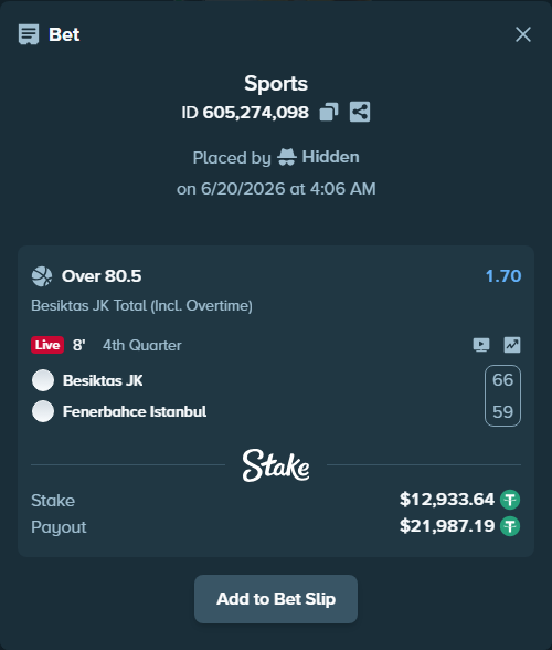 Bet slip: Besiktas JK - Fenerbahce Istanbul, $12,946.57 stake at 1.70 odds, placed by Hidden