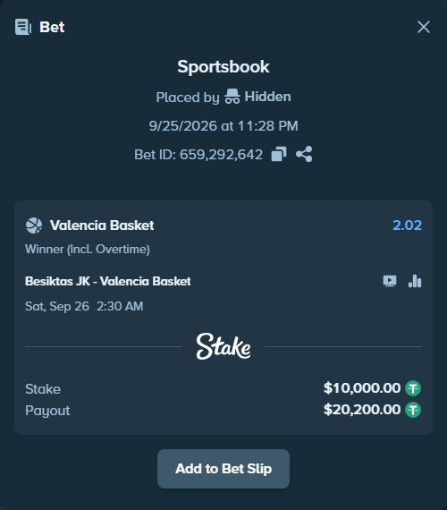 Bet slip: Besiktas JK - Valencia Basket, $10,000.00 stake at 2.02 odds, placed by Theketkitkitty