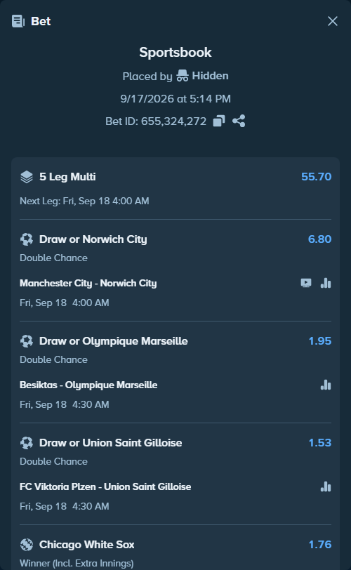 Bet slip: Besiktas - Olympique Marseille, $20,000.00 stake at 1.95 odds, placed by Hidden