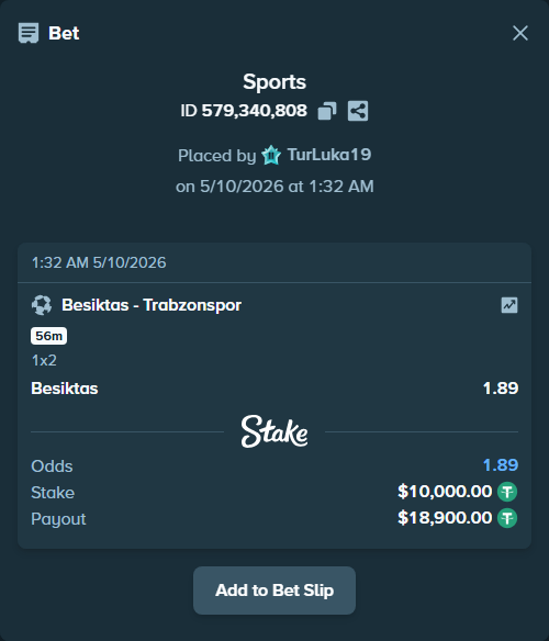 Bet slip: Besiktas - Trabzonspor, $10,000.00 stake at 1.89 odds, placed by TurLuka19