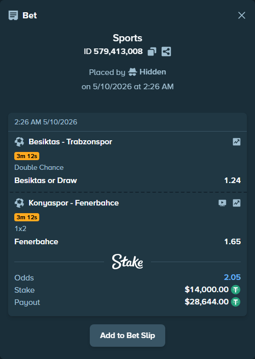 Bet slip: Besiktas - Trabzonspor, $14,000.00 stake at 1.24 odds, placed by Hidden