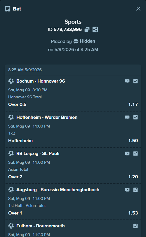 Bet slip: Besiktas - Trabzonspor, $20,129.00 stake at 1.35 odds, placed by Hidden