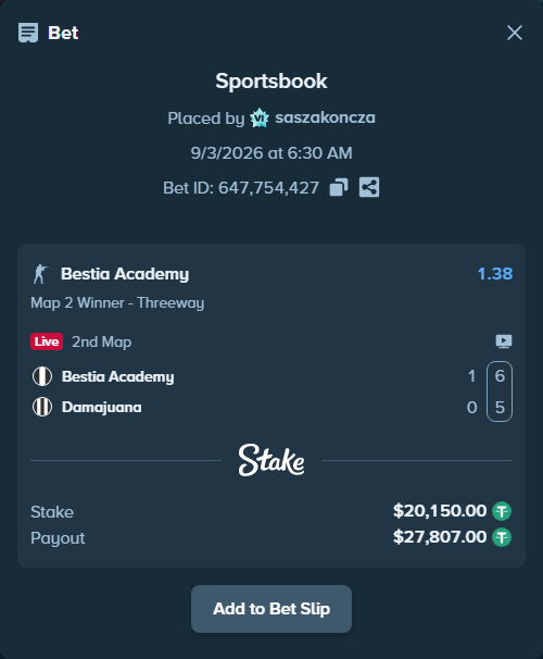 Bet slip: Bestia Academy - Damajuana, $20,150.00 stake at 1.38 odds, placed by saszakoncza