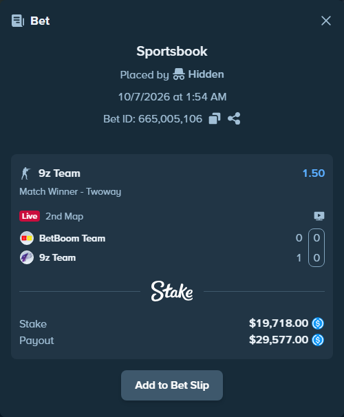Bet slip: BetBoom Team - 9z Team, $19,718.00 stake at 1.50 odds, placed by Rubino208