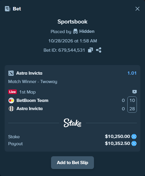 Bet slip: BetBoom Team - Astra Invicta, $10,250.00 stake at 1.01 odds, placed by Hidden