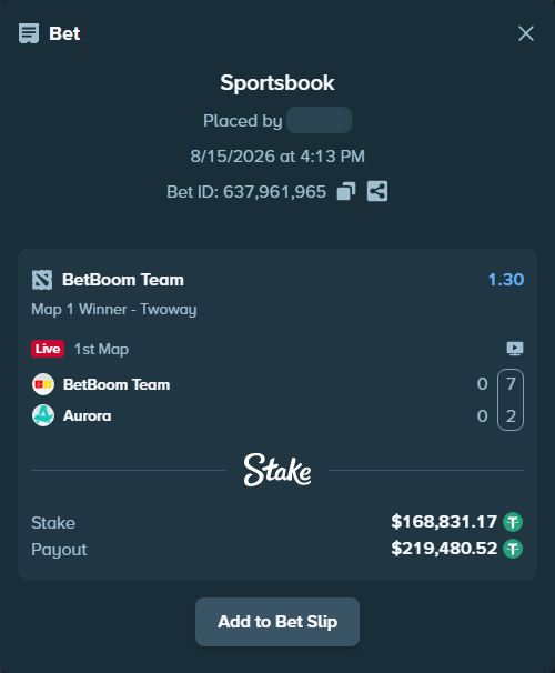 Bet slip: BetBoom Team - Aurora Gaming, $169,000.00 stake at 1.30 odds, placed by GoldenKot