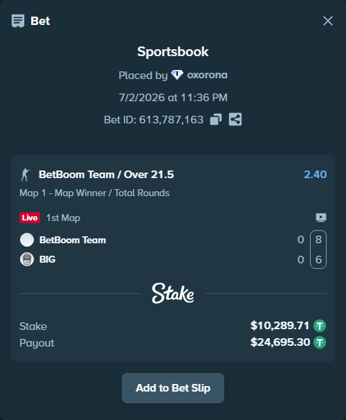 Bet slip: BetBoom Team - BIG, $10,300.00 stake at 2.40 odds, placed by oxorona