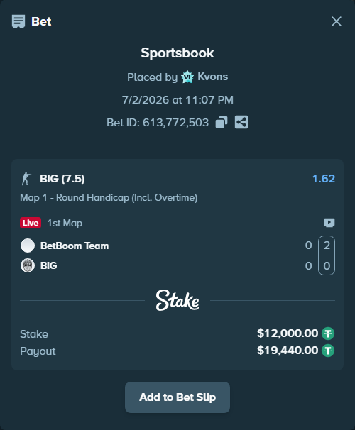 Bet slip: BetBoom Team - BIG, $12,012.00 stake at 1.62 odds, placed by Kvons