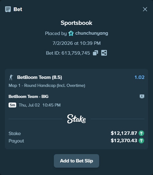 Bet slip: BetBoom Team - BIG, $12,140.00 stake at 1.02 odds, placed by chunchunyang