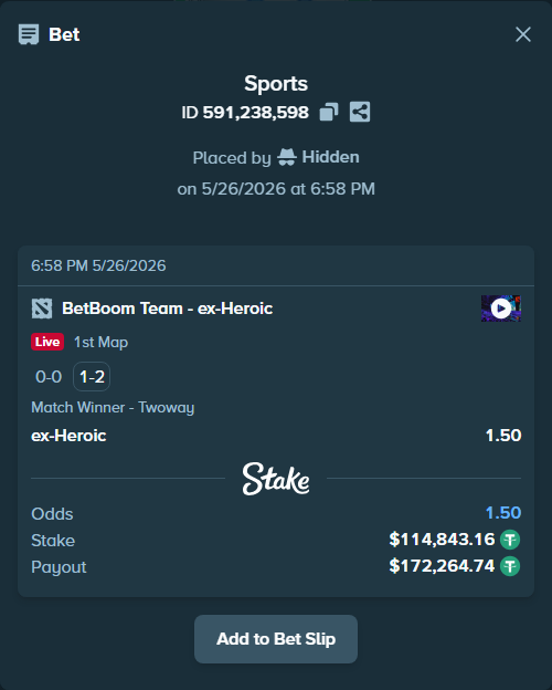 Bet slip: BetBoom Team - ex-Heroic, $114,958.00 stake at 1.50 odds, placed by Hidden