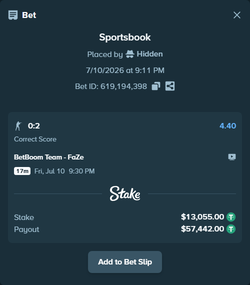 Bet slip: BetBoom Team - FaZe, $13,068.05 stake at 4.40 odds, placed by Hidden