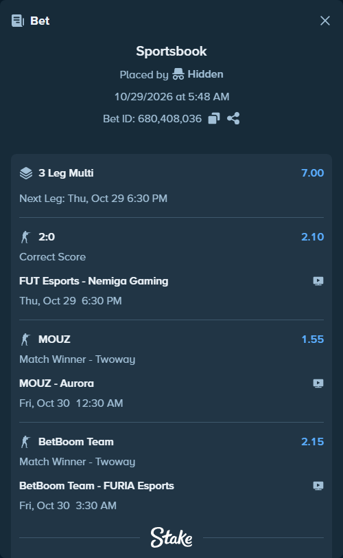Bet slip: BetBoom Team - FURIA Esports, $10,010.00 stake at 2.15 odds, placed by StRoGo