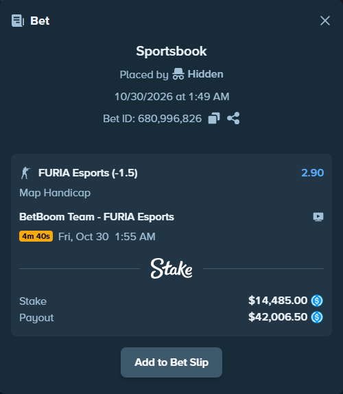 Bet slip: BetBoom Team - FURIA Esports, $14,485.00 stake at 2.90 odds, placed by Hidden