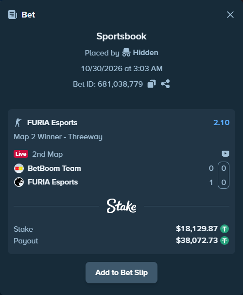 Bet slip: BetBoom Team - FURIA Esports, $18,148.00 stake at 2.10 odds, placed by Hidden