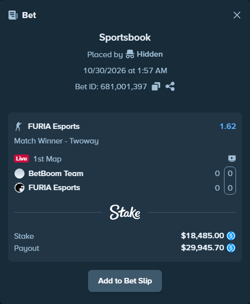 Bet slip: BetBoom Team - FURIA Esports, $18,485.00 stake at 1.62 odds, placed by Hidden