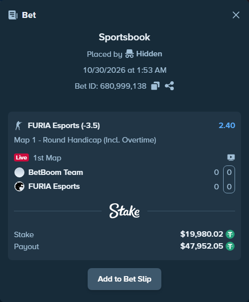 Bet slip: BetBoom Team - FURIA Esports, $20,000.00 stake at 2.40 odds, placed by Hidden