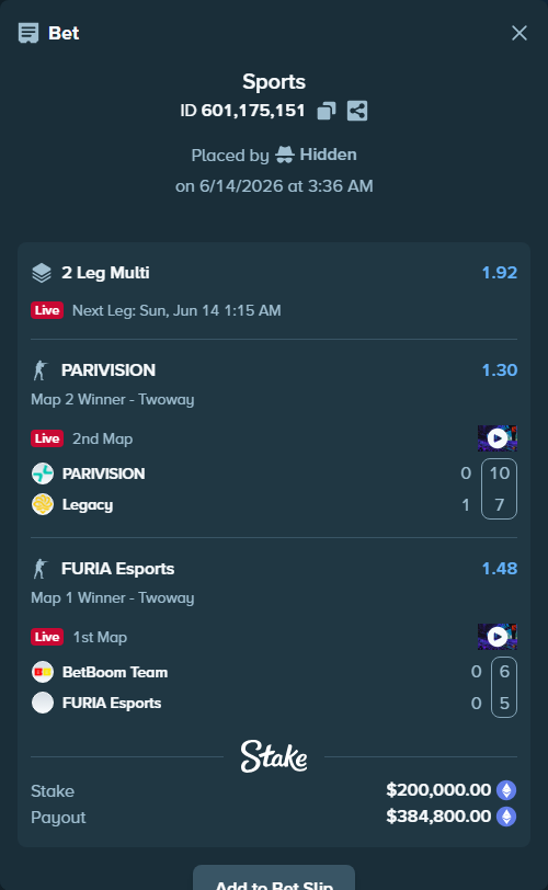 Bet slip: BetBoom Team - FURIA Esports, $207,320.61 stake at 1.48 odds, placed by Hidden