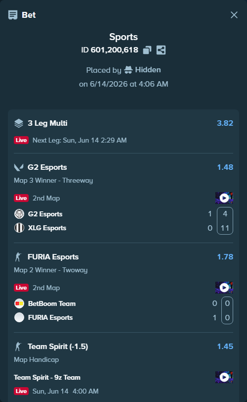 Bet slip: BetBoom Team - FURIA Esports, $32,032.00 stake at 1.78 odds, placed by Hidden