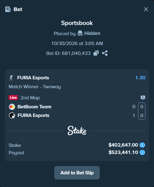 Bet slip: BetBoom Team - FURIA Esports, $402,647.00 stake at 1.30 odds, placed by Hidden