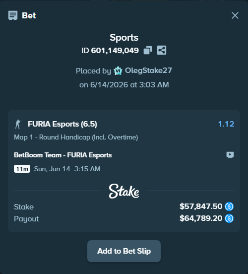 Bet slip: BetBoom Team - FURIA Esports, $57,847.50 stake at 1.12 odds, placed by OlegStake27
