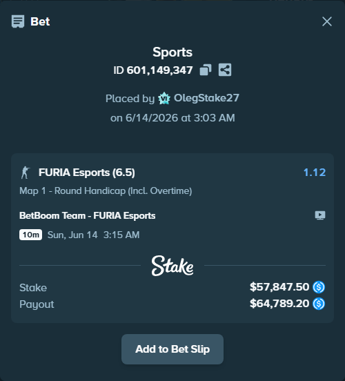 Bet slip: BetBoom Team - FURIA Esports, $57,847.50 stake at 1.12 odds, placed by OlegStake27