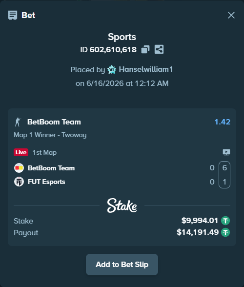Bet slip: BetBoom Team - FUT Esports, $10,004.00 stake at 1.42 odds, placed by Hanselwilliam1