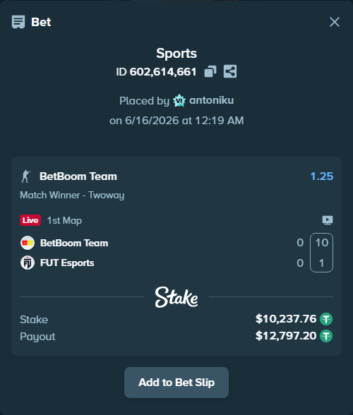 Bet slip: BetBoom Team - FUT Esports, $10,248.00 stake at 1.25 odds, placed by antoniku