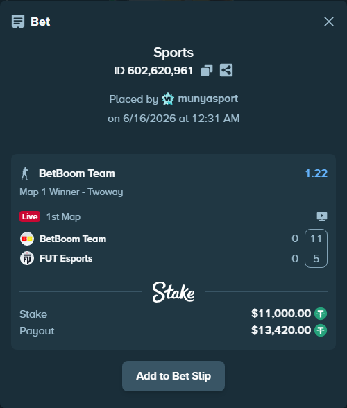 Bet slip: BetBoom Team - FUT Esports, $11,011.00 stake at 1.22 odds, placed by munyasport