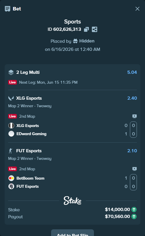 Bet slip: BetBoom Team - FUT Esports, $14,014.00 stake at 2.10 odds, placed by Hidden
