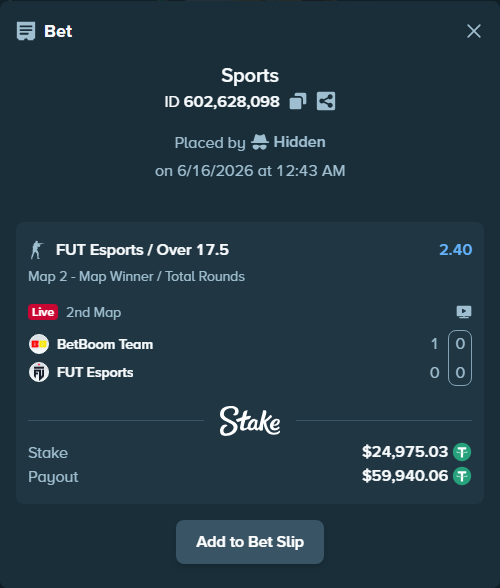 Bet slip: BetBoom Team - FUT Esports, $25,000.00 stake at 2.40 odds, placed by Hidden