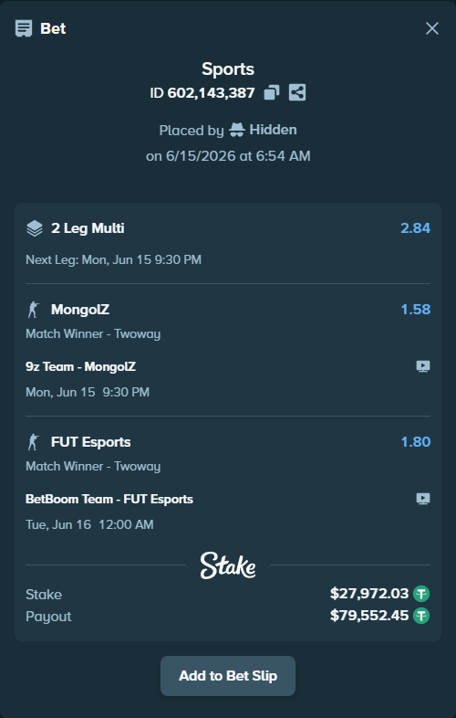 Bet slip: BetBoom Team - FUT Esports, $28,000.00 stake at 1.80 odds, placed by Hidden